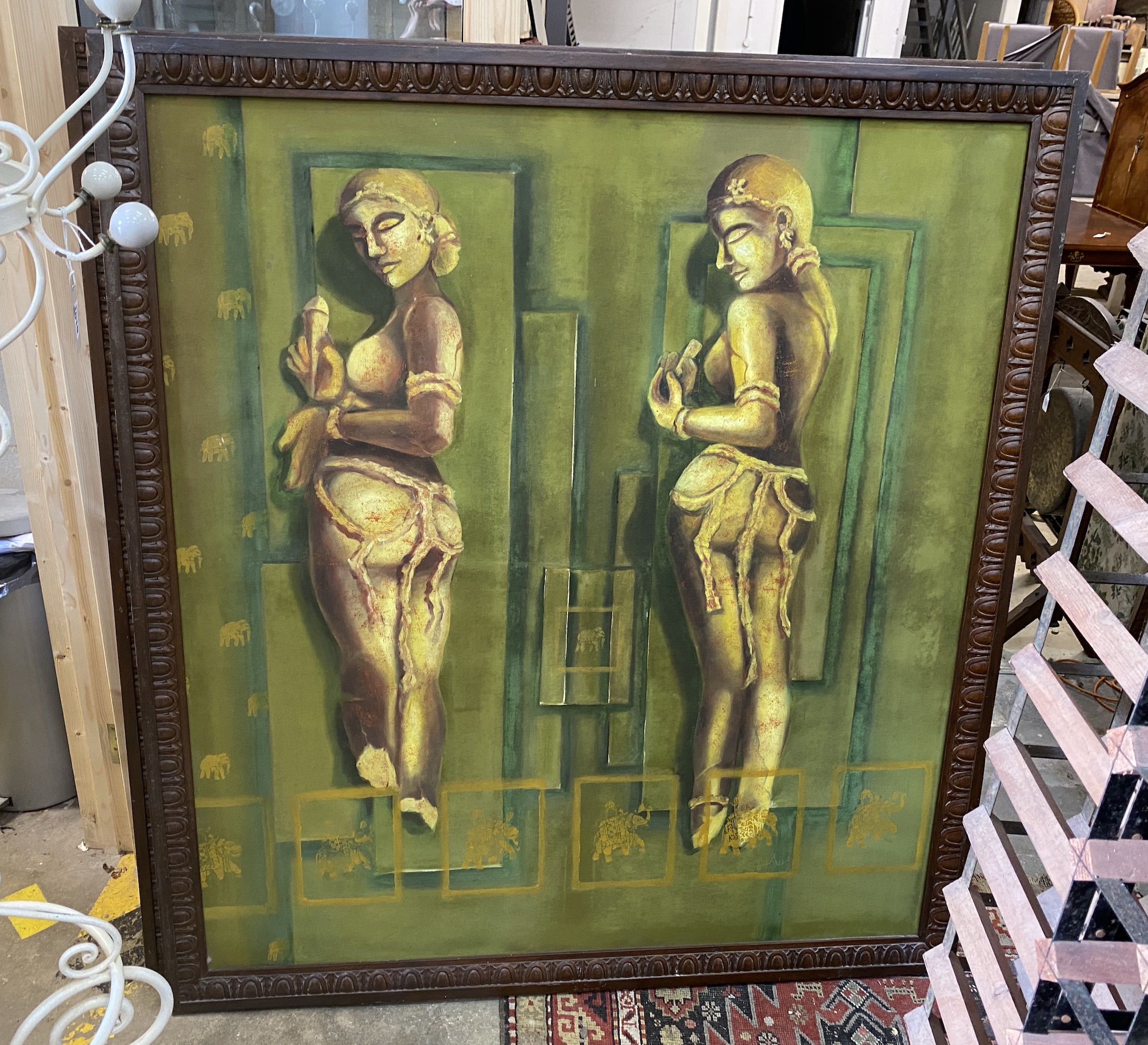 20th century Indian School, pair of oils on canvas, Classical figures, 150 x 135cm